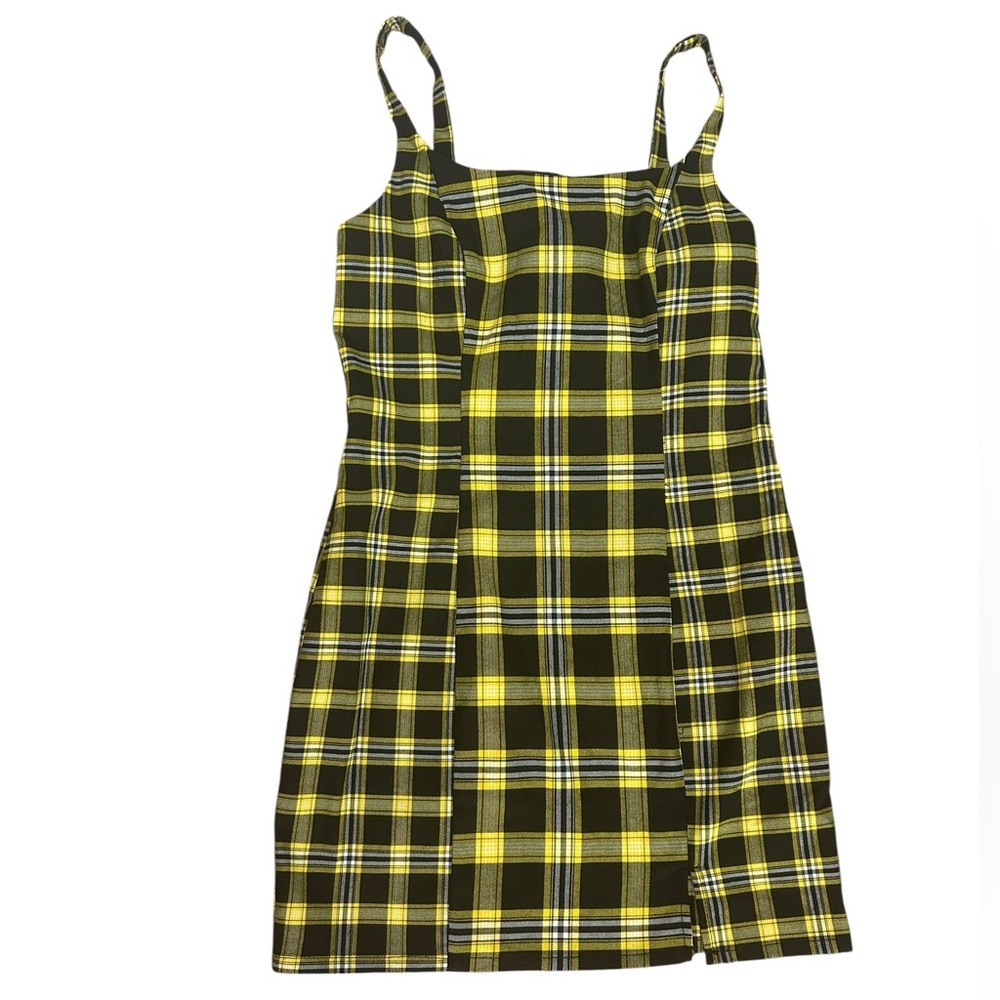 H&M Divided Yellow & Black Plaid Jumper Dress Stretch Womens Sz Medium NWT - Picture 2 of 10